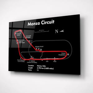 Glass Wall Art kaart Monza Circuit – Kaart racebaan F1 Italië – Motorsportfan Cadeau autoliefhebber – Man Cave & Office Decor