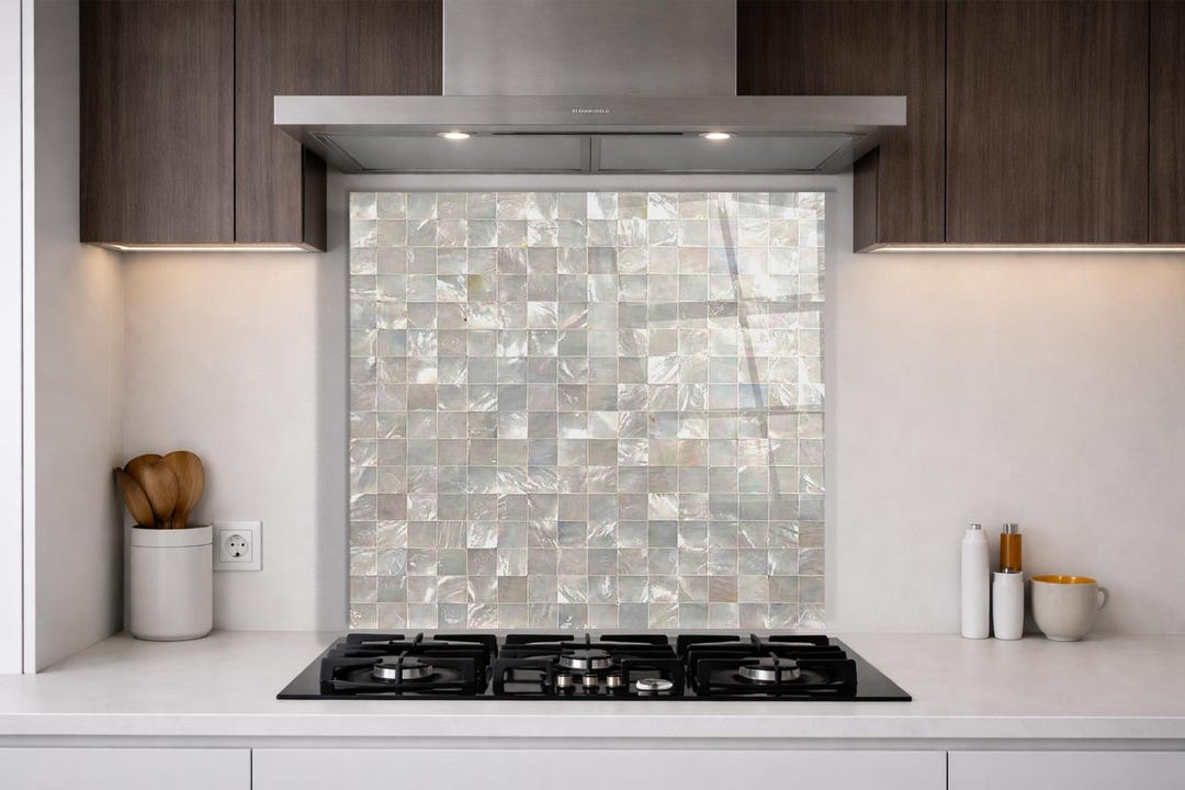 White Glass Backsplash for Kitchen or Bathroom - Pearl Tile Print ...