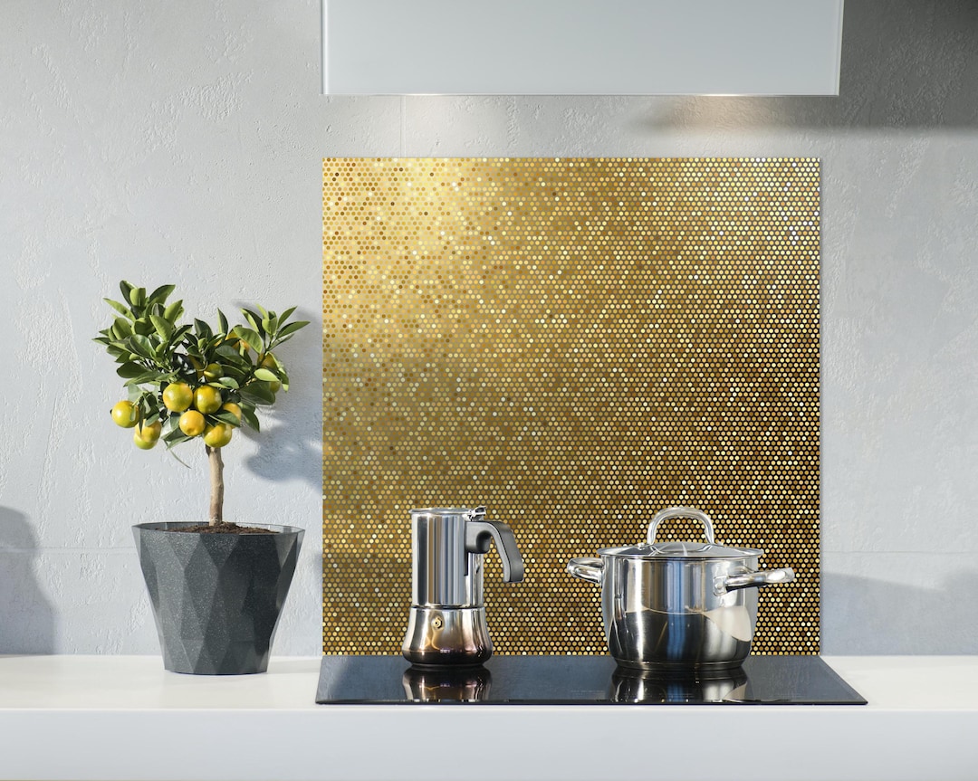 Gold Kitchen Backsplash, Gold Honeycomb Pattern Print Tempered Glass ...