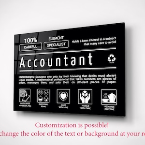 Op de afbeelding: Zwart-witte grafische print met het woord "Accountant" in grote witte letters. De print beschrijft een accountant als iemand die geniet van het werken met getallen en het herschikken ervan op papier. Het bevat ook pictogrammen die een rekenmachine, emotioneel wezen, liefde, zorg en cafeïne voorstellen.
