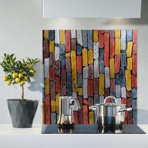 Multicolored Vibrant Tile Kitchen Backsplash, Protect Tempered Glass, Custom Size, Modern Kitchen decor, Hob&#39;s Backboard