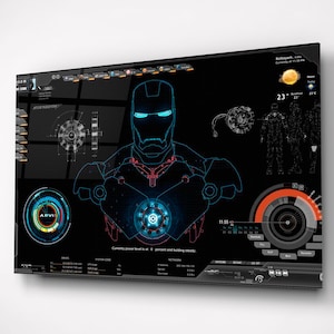 May include: A black screen with a blue and red digital interface. The interface features a stylized image of Iron Man's face and chest, along with various gauges and data displays. The text "Currently power level is at 0 percent and holding steady" is displayed at the bottom of the screen.