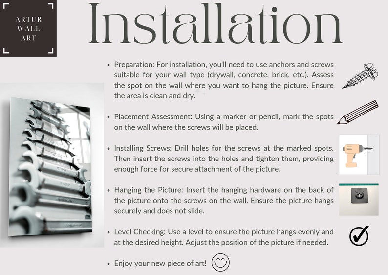 Puede incluir: Gu&iacute;a de instalaci&oacute;n para arte mural, con instrucciones e ilustraciones. Incluye preparaci&oacute;n, evaluaci&oacute;n de la colocaci&oacute;n, instalaci&oacute;n de tornillos, colgado y comprobaci&oacute;n de nivel. La imagen tambi&eacute;n muestra una foto en blanco y negro de llaves inglesas.