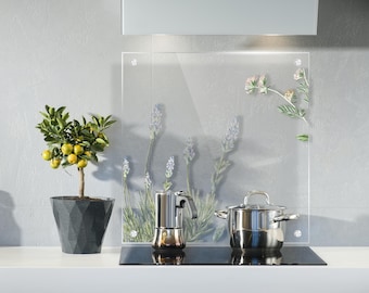 Lavender Transparent Glass Splashback, Floral Pattern Backsplash, Botanical Glass Art, Romantic Kitchen Decor, Provence Style Decor