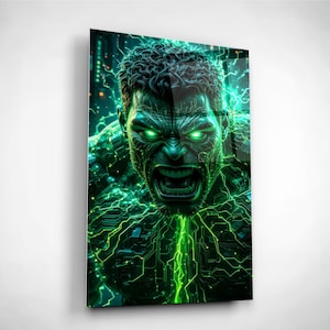 May include: A framed art print featuring a digital illustration of the Hulk. The artwork depicts the Hulk's face with glowing green eyes and a circuit board design overlay. The color palette is dominated by green and black.