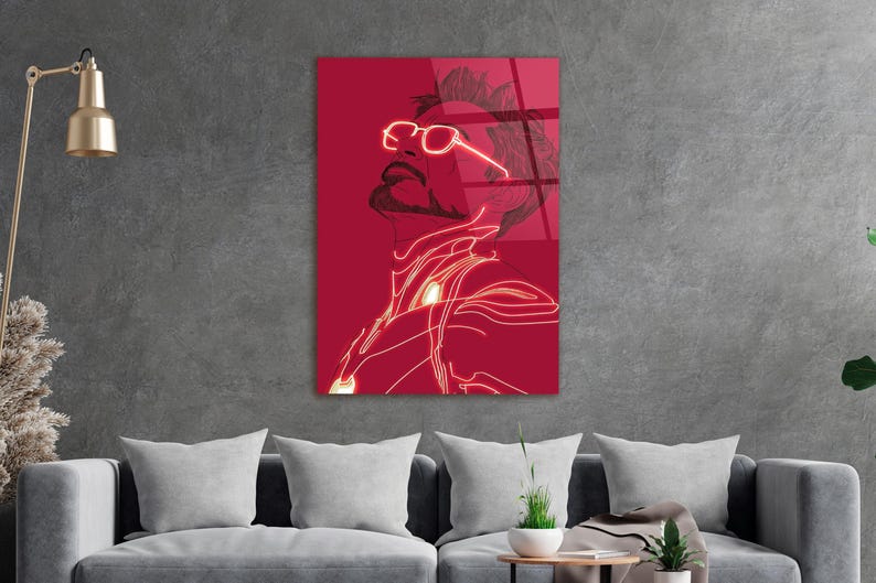 Puede incluir: Arte mural rojo con una ilustraci&oacute;n estilizada de una persona con gafas. La obra de arte utiliza una combinaci&oacute;n de colores rojo y blanco, con el contorno y los detalles de la figura resaltados en blanco sobre un fondo rojo.