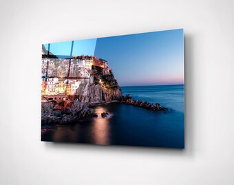 Cinque Terre Night Coast Wall Art Manarola Italy Tempered Glass Poster Italian Vacation Gift Wall Decor