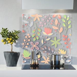 Florales transparentes Glas Backsplash - hitzebeständige Wandplatte aus gehärtetem Glas - Sondergröße