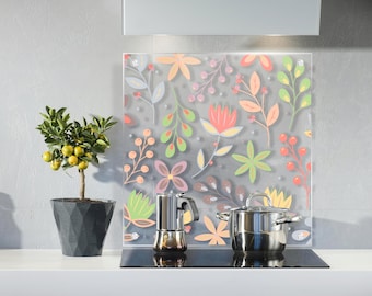 Floral Transparent Glass Backsplash – Heat Resistant Tempered Glass Wall Panel – Custom Size