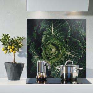 Puede incluir: Un protector de salpicaduras de cocina con un diseño de col verde. Una olla de plata y una cafetera de plata están sobre una estufa negra.