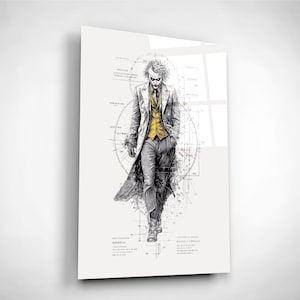 May include: A black and white illustration of the Joker from Batman, depicted in a walking pose. The Joker is wearing a long coat, yellow vest, and grey pants. The background features a circular design with architectural elements.