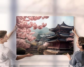 May include: A canvas print depicting a traditional Asian temple scene. The artwork features a pagoda-style building with a dark red roof, surrounded by pink cherry blossoms and a serene landscape. The print is held by two people.