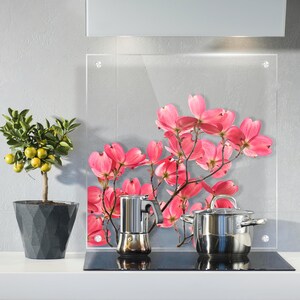 Könnte beinhalten: Küchenszene mit einer Glas-Rückwand mit einem rosa Blumendesign. Eine Espressomaschine aus Edelstahl und ein Topf stehen auf einem schwarzen Kochfeld. Ein Topf mit Zitrusbaum mit gelben Früchten befindet sich links.