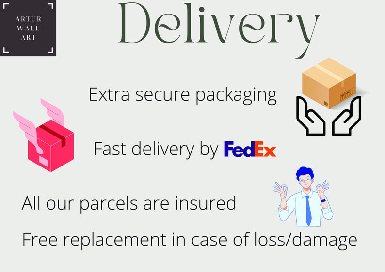 Puede incluir: Imagen con la palabra "Entrega" en una fuente decorativa. La imagen incluye una caja rosa con alas, una caja marr&oacute;n y una persona con corbata azul. El texto indica "Embalaje extra seguro", "Entrega r&aacute;pida por FedEx", "Todos nuestros paquetes est&aacute;n asegurados" y "Reemplazo gratuito en caso de p&eacute;rdida/da&ntilde;o."