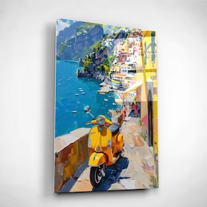 May include: A colourful painting shows a yellow scooter on a stone wall, overlooking a coastal town. The artwork features a bright blue sea, colourful buildings, and a sunny sky, evoking travel and leisure.