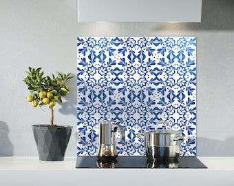 Vintage Portuguese Azulejos Blue Pattern Kitchen Backsplash Tempered Glass, Custom Size, Kitchen Tile, Splashboard, Home decor