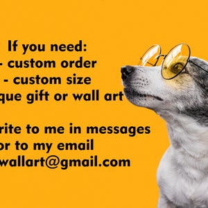 Może przedstawiać: Biało-szary pies w okrągłych okularach z ż&oacute;łtymi szkłami na jednolitym pomarańczowym tle. Tekst głosi: If you need: - custom order - custom size - unique gift or wall art. Please write to me in messages or to my email arturwallart@gmail.com