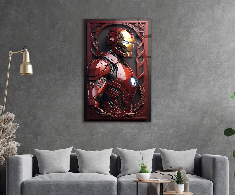 Iron man Glass Wall Art, Tempered glass print, Avengers Lover Present, Teens Room Decor, Boy's Birthday Gift, Unframed Poster, Superhero image 2