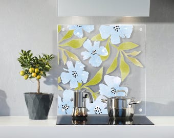 Clear Glass Backsplash – Floral Pattern Print, Heat Resistant Tempered Glass, Custom Size Splashback
