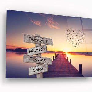 Personalized Family Wall Art Tempered Glass, Custom Names Wooden Signpost, Anniversary Gift, Housewarming Present, Premium Canvas