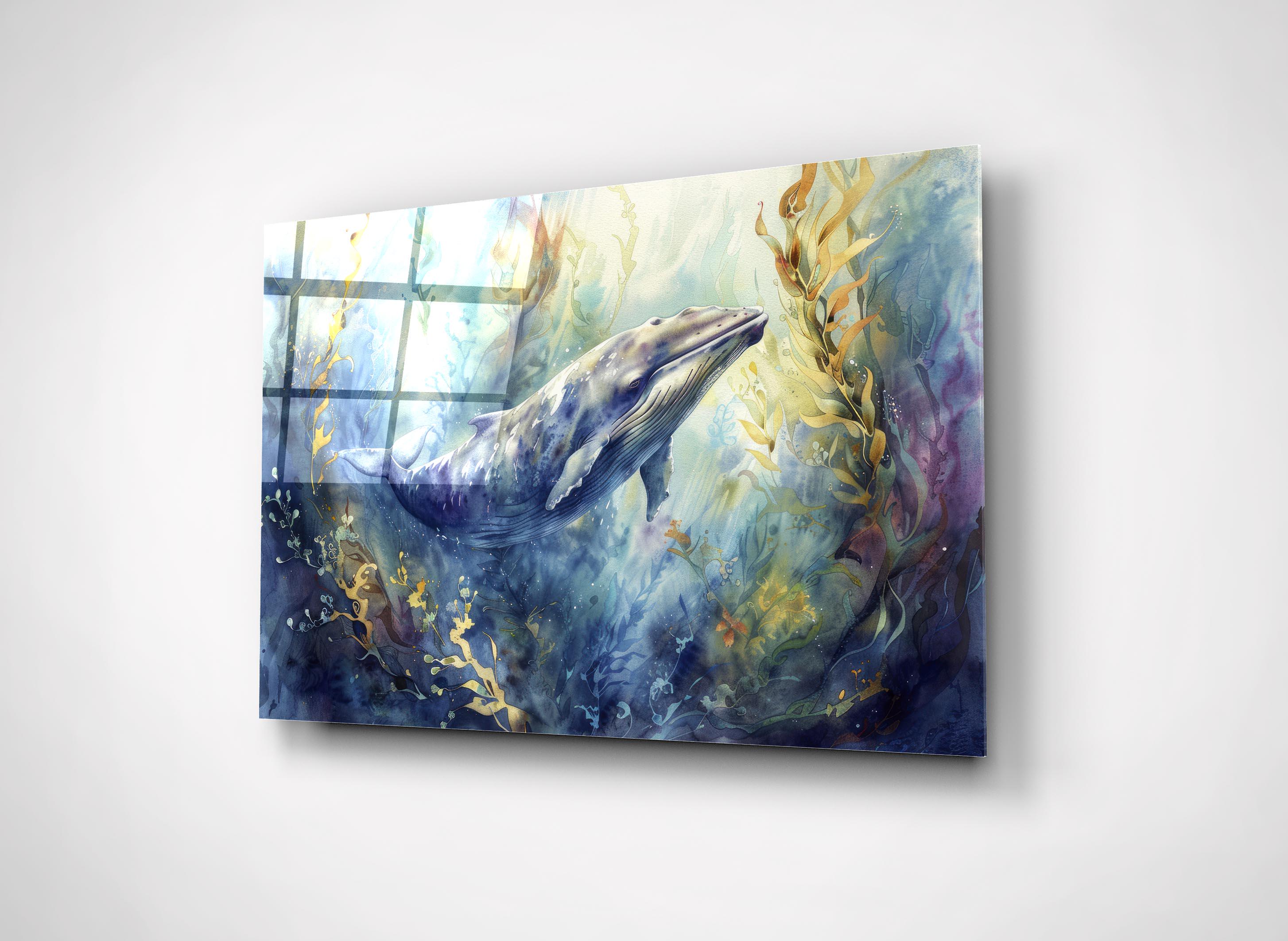Majestic Whale Ocean Wall Art – Tempered Glass Wall Decor for Home | Underwater Marine Life Artwork, Cute Gift Idea, Watercolor Sea Painting