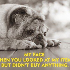 K&ouml;nnte beinhalten: Ein Mops mit einem traurigen Gesichtsausdruck. Der Text "MY FACE WHEN YOU LOOKED AT MY ITEMS BUT DIDN'T BUY ANYTHING." befindet sich unter dem Hund.