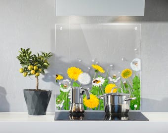 Dandalion Transparent Glass Backsplash – Heat Resistant Tempered Glass Wall Panel – Custom Size