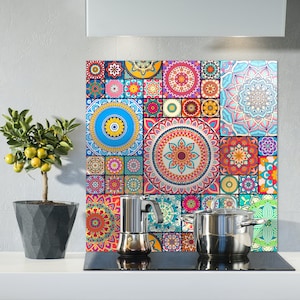 Manadala Mosaic Pattern Kitchen Backsplash from Tempered Glass, Custom Size, Kitchen decor, Wall Panel, Easy-to-Clean, Oriental wall art