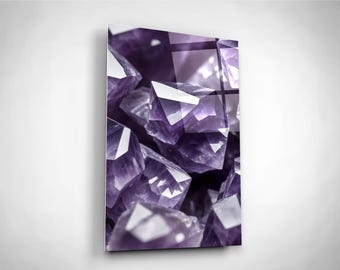 Jewel Amethyst Wall Art Tempered Glass, Violet Crystals Artwork for Home, Christmas, Birthday, Housewarming Gift Idea, Shine & Glossy Art