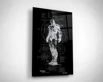 Iron Man Blueprint Tempered Glass Wall Art: Avengers Decor and Gift
