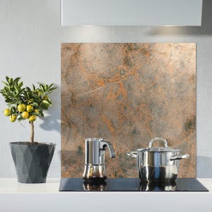 May include: A kitchen scene with a small potted lemon tree, a stainless steel stovetop, a coffee maker, and a pot. The background features a marble-effect splashback.