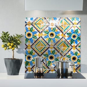 Azulejos Tempered Glass Kitchen Backsplash: Blue & Yellow Portuguese Tile