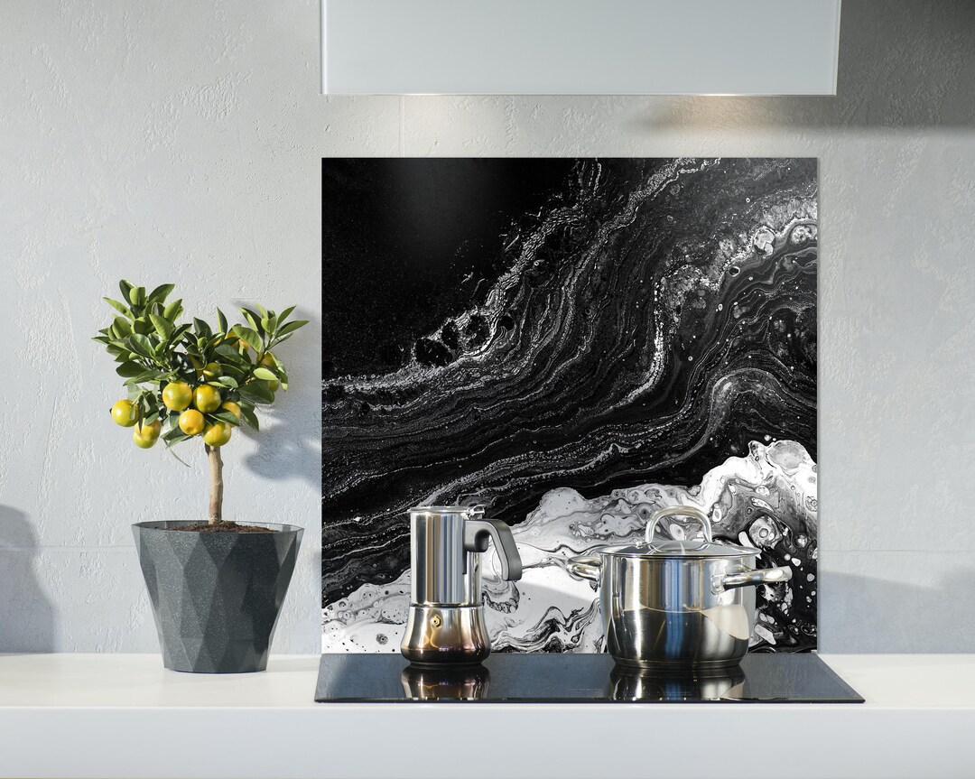 Black Marble Print Kitchen Backsplash From Tempered Glass, Custom Size ...
