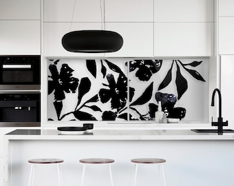 Transparent Glass Backsplash – Black Floral Pattern Print, Heat Resistant Tempered Glass, Custom Size Splashback