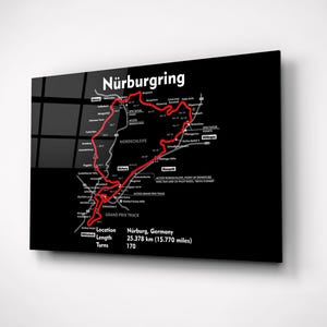 Glass Wall Art Nürburgring Circuit – Kaart racecircuit Nordschleife – Motorsportdecor – Formule fan cadeau – Muurdecoratie mancave en kantoor