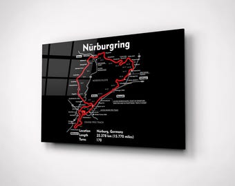 Nürburgring Circuit Glass Wall Art – Nordschleife Racing Track Map – Motorsport Decor – Formula Fan Gift – Man Cave & Office Wall Deco