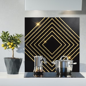 Black & Gold Geometric Kitchen Backsplash: Tempered Glass Wall Art