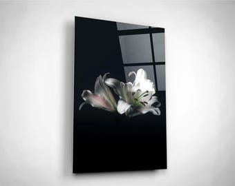 White Lily Wall Art, Real Tempered Glass Print, Black& white Bedroom/Living room decor, Housewarming gift, Hotel rooms decor