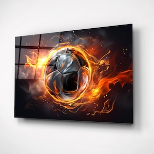 Fiery Soccer Ball Wall Art – Sports Themed Decor on Tempered Glas, Gift for football trainer, player, Sport bar decor, Christmas present