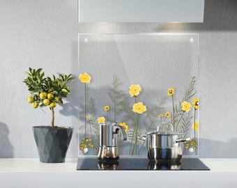 Yellow Flowers Transparent Glass Backsplash – Heat Resistant Tempered Glass Wall Panel – Custom Size