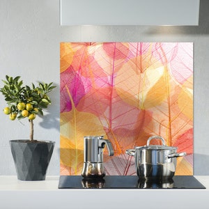 Pink Orange Leaves Kitchen Backsplash, Kitchen Tile Tempered Glass, Custom Size, Modern Kitchen decor, Home wall art, Hobs Backboard