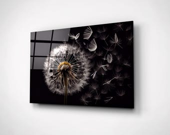 Extra Large Dandelion Wall Art, Tempered Glass Poster, Home Decoration, Wall Handing Decor, Black & White Monochrome Artwork