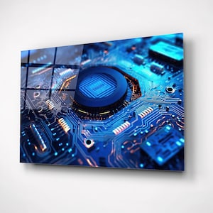 Könnte beinhalten: Nahaufnahme einer Leiterplatte in Blau und Orange. Die Platte zeigt komplizierte Pfade, Chips und einen zentralen Prozessor. Das Bild ist eine moderne, abstrakte Darstellung von Technologie.