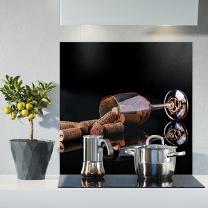 Black Kitchen Backsplash, Glass of Wine Kitchen Tile Tempered Glass, Custom Size, Modern Kitchen decor, Home wall art, Kitchen Backboard