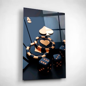 Kasino, Chips, Würfel, Spielkarten Wandkunst, gehärtetes Glas Druck, Gold Wanddekor, Geschenk des Mannes zu Weihnachten, Geburtstag, Las Vegas, Atlanta