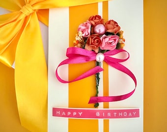 Yellow bright floral birthday card for her botanical fruity style greetings unique expressive art keepsake gift for wife bold funky vibe