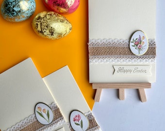 Happy Easter floral egg greetings card , painted wildflower card for mum , rustic Spring religious card , elegant lace ribbon style handmade