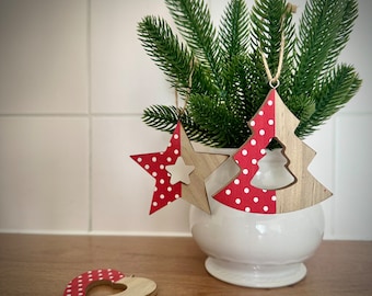 Red polka dot wooden Christmas ornament Scandinavian hanging decor rustic farmhouse country home winter garland embellishment tiered tray
