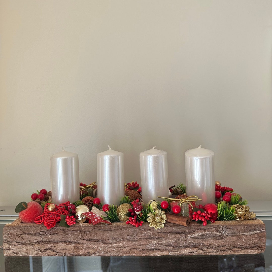 Traditional Christmas Table Centrepiece Candle Holder , Classic Red