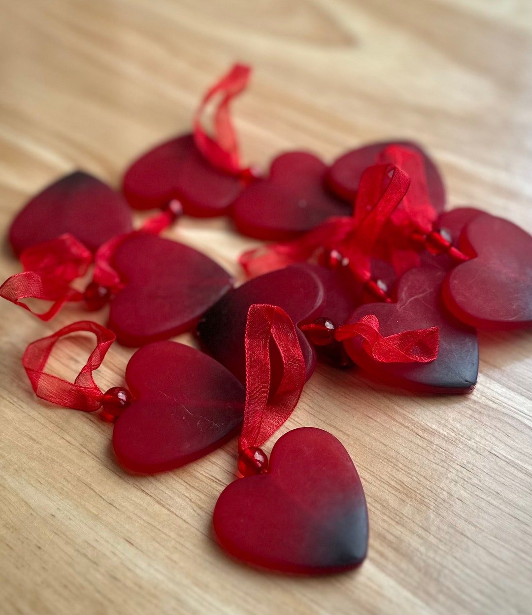 40 Mm Plastic Red Heart on Sheer Ribbon With Pearl , Love Token